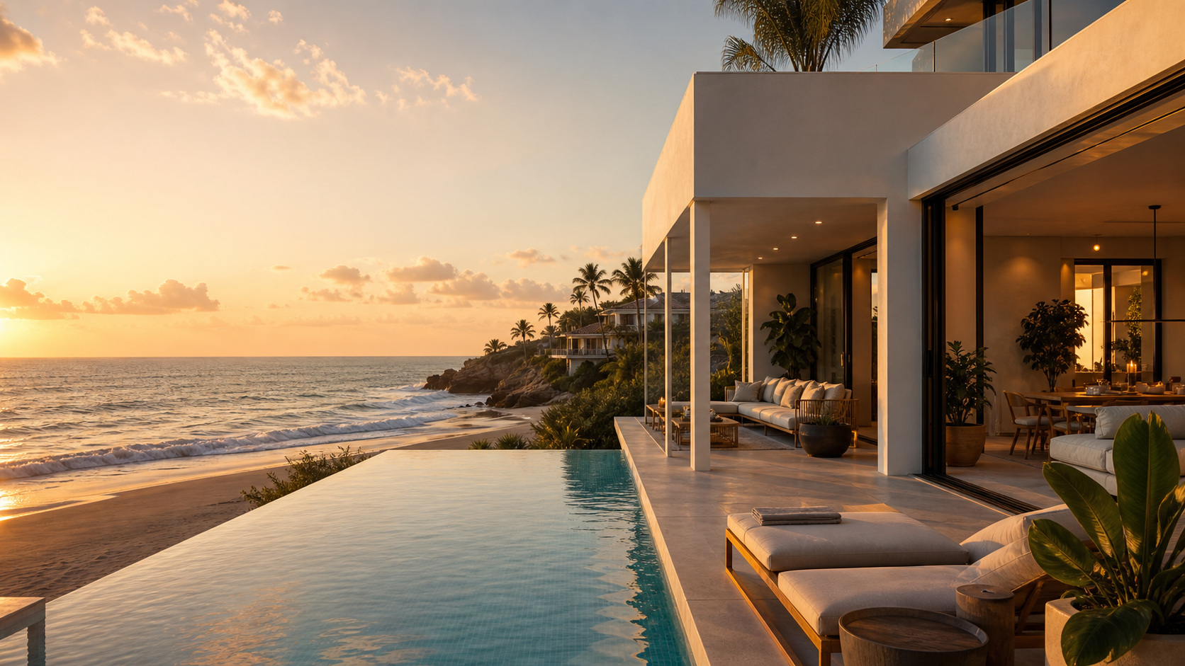 Premium beach house with pool at sunset
