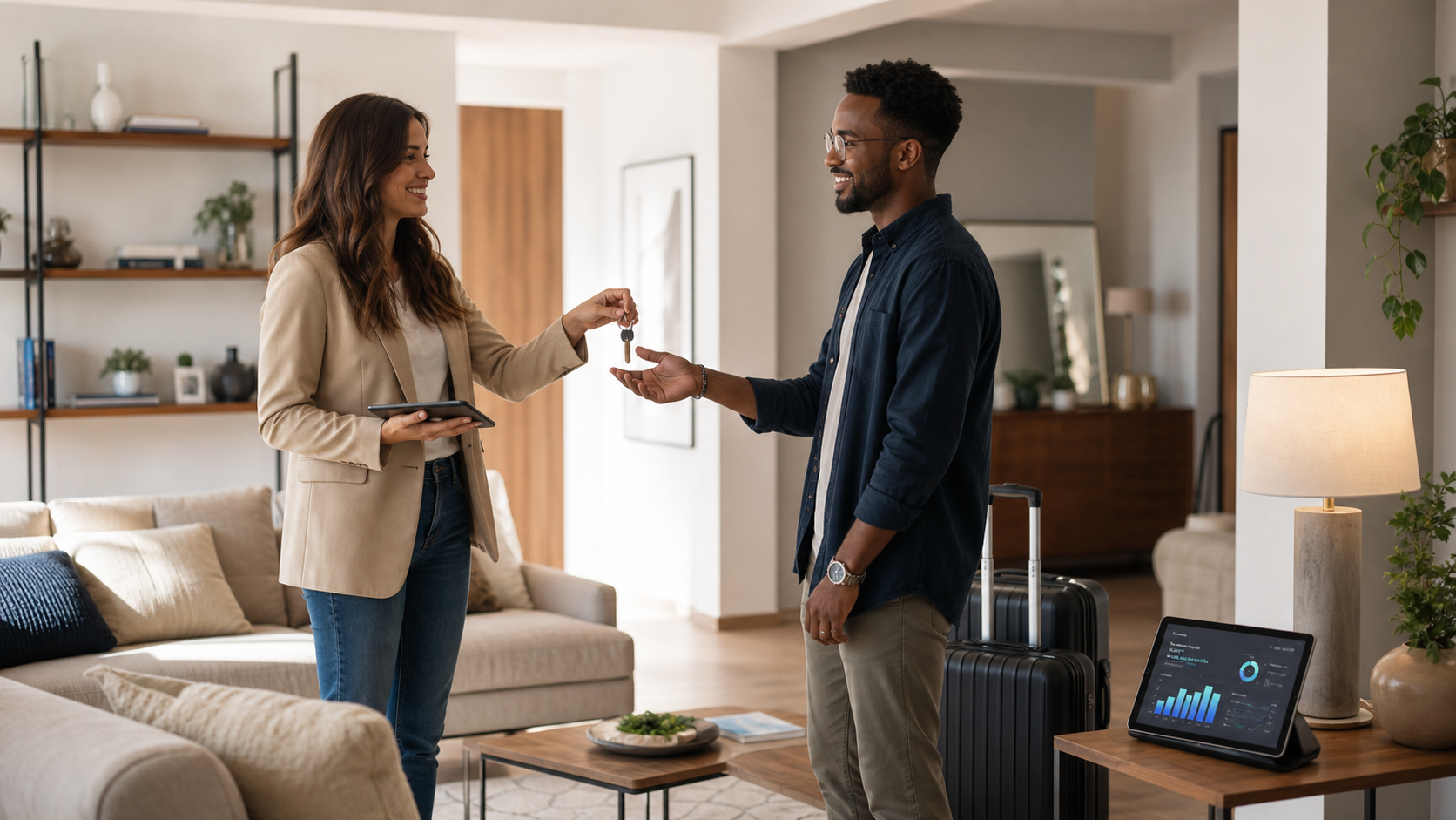 Property manager handing keys to a guest in a short-term rental