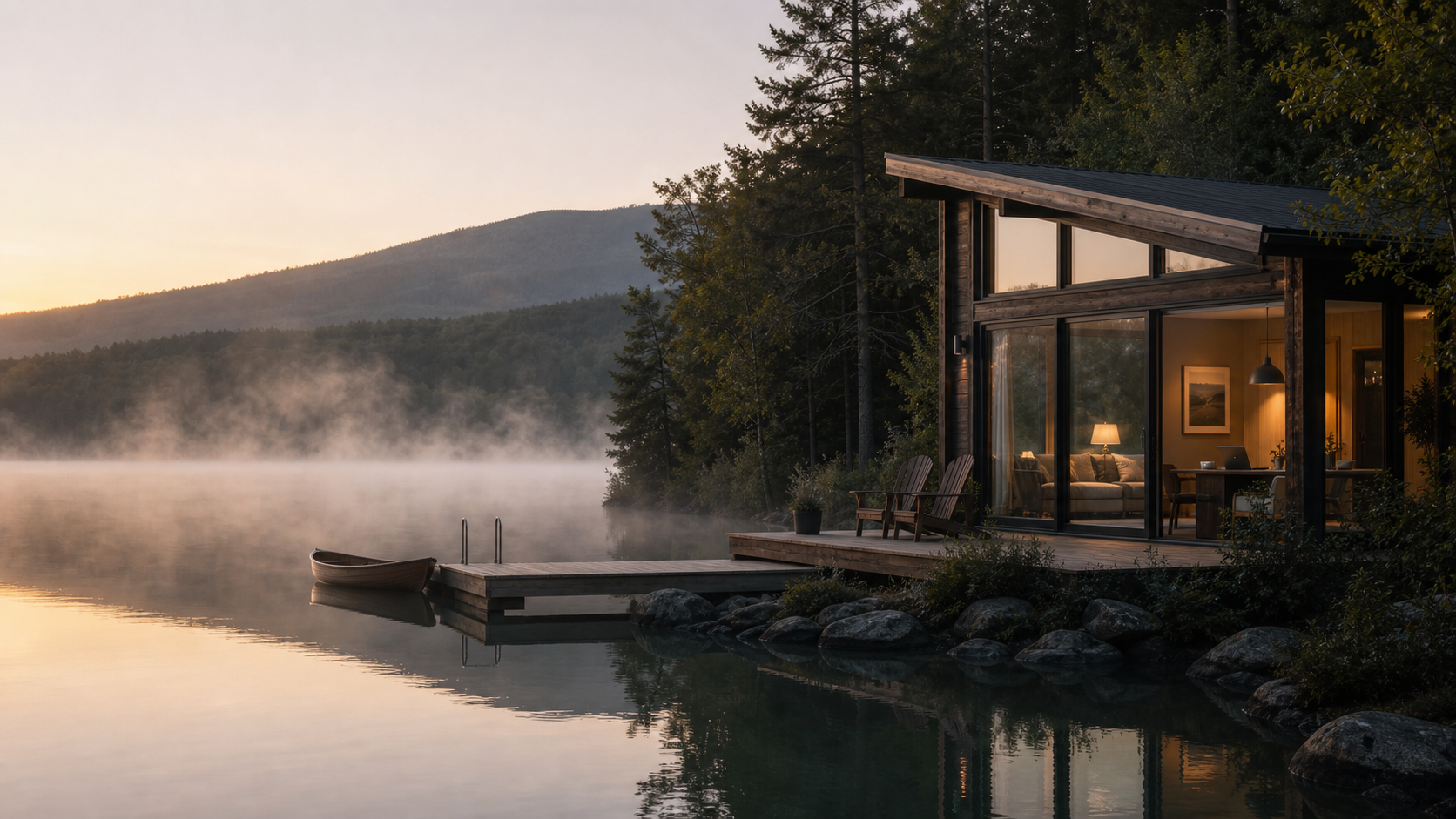 Premium lake cabin at dawn