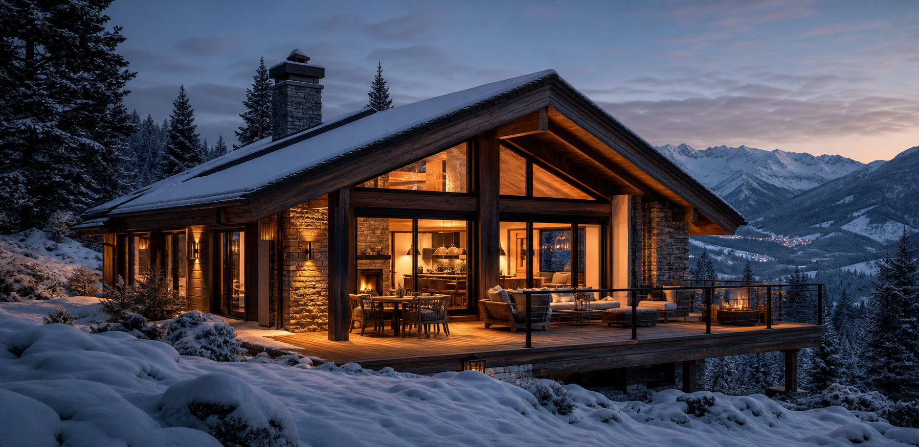 Mountain chalet lit at dusk